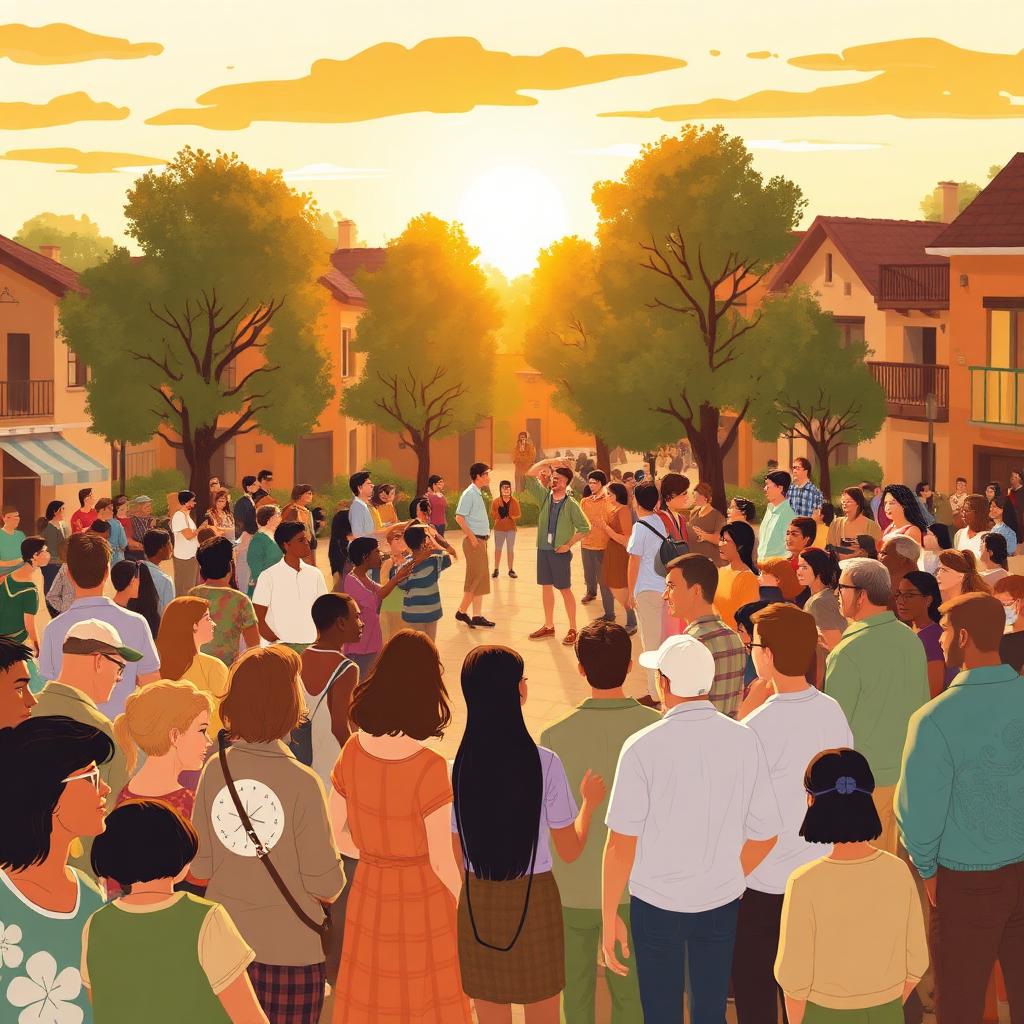 A diverse community gathered in a town square at golden hour, shaping their neighbourhood together